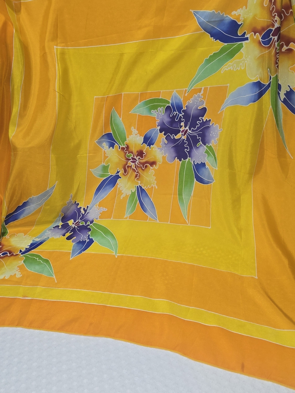 NOOR ARFA BATIK VIBRANT ORANGE SILK SCARF SQUARE ORCHIDS FLORAL VINTAGE